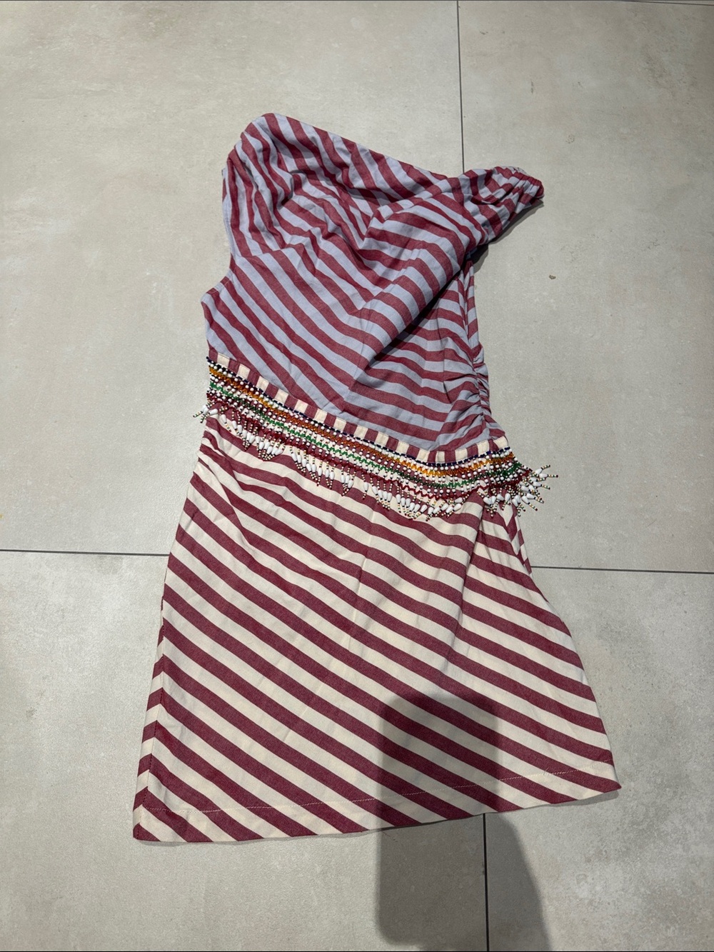 Striped Beaded Waist Mini Dress - Red/Cream